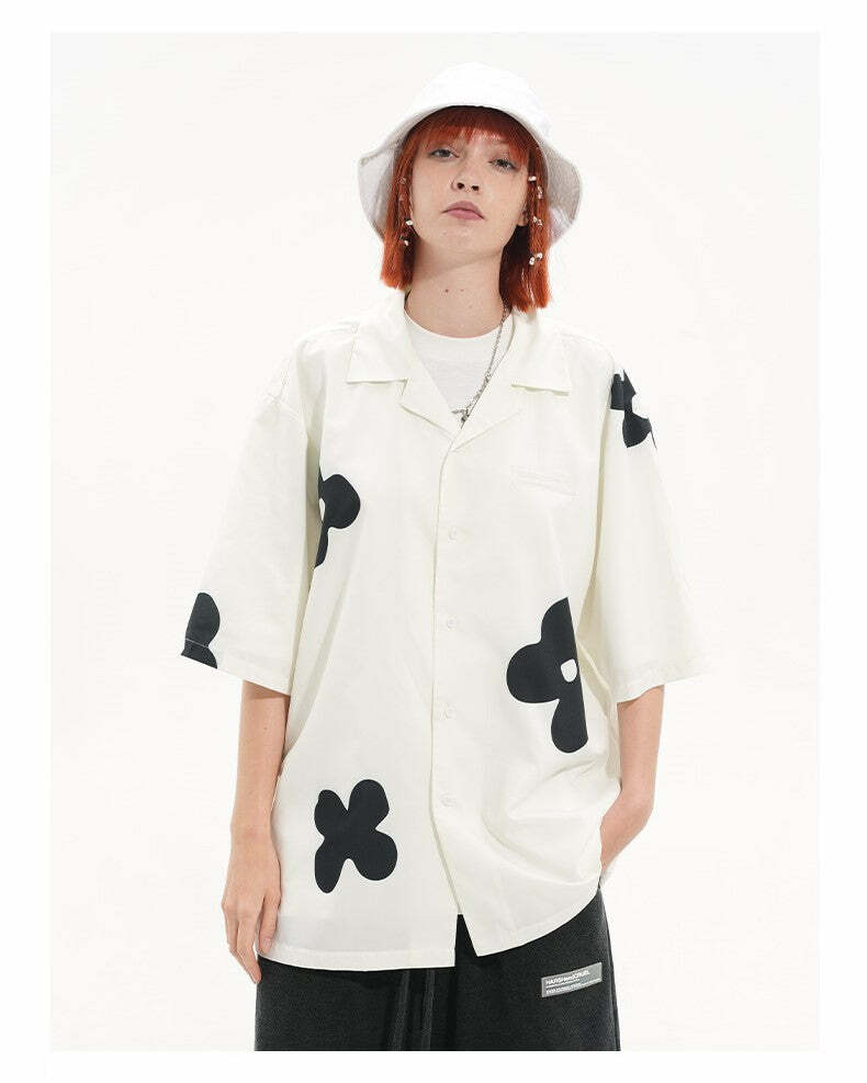 HARSH and CRUEL Solitary Flower Button-Up - Y2K Summer Grunge 90s Retro Fashion Top