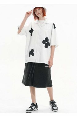 HARSH and CRUEL Solitary Flower Button-Up - Y2K Summer Grunge 90s Retro Fashion Top
