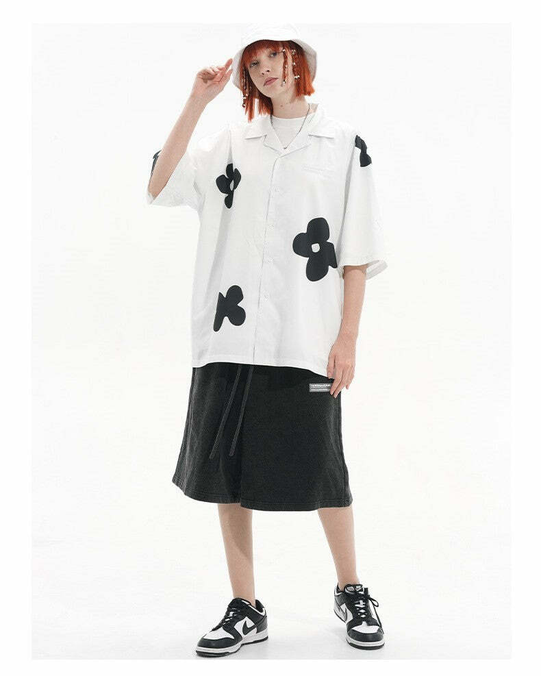 HARSH and CRUEL Solitary Flower Button-Up - Y2K Summer Grunge 90s Retro Fashion Top