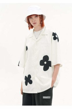 HARSH and CRUEL Solitary Flower Button-Up - Y2K Summer Grunge 90s Retro Fashion Top