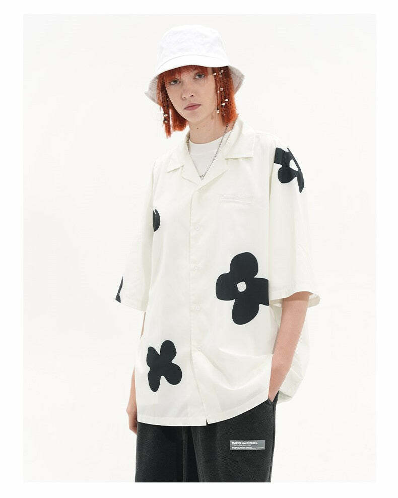 HARSH and CRUEL Solitary Flower Button-Up - Y2K Summer Grunge 90s Retro Fashion Top