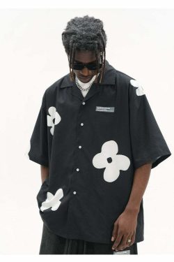HARSH and CRUEL Solitary Flower Button-Up - Y2K Summer Grunge 90s Retro Fashion Top