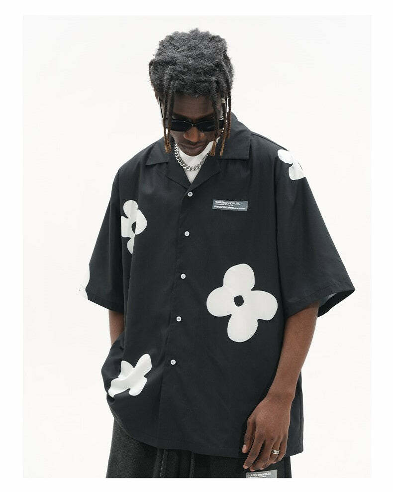 HARSH and CRUEL Solitary Flower Button-Up - Y2K Summer Grunge 90s Retro Fashion Top