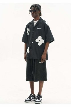HARSH and CRUEL Solitary Flower Button-Up - Y2K Summer Grunge 90s Retro Fashion Top
