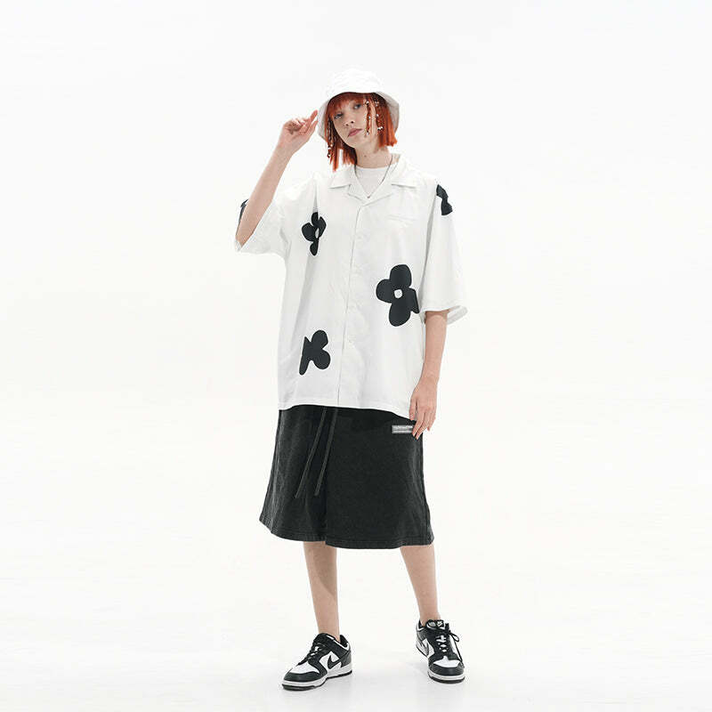 HARSH and CRUEL Solitary Flower Button-Up - Y2K Summer Grunge 90s Retro Fashion Top