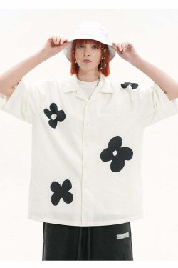 HARSH and CRUEL Solitary Flower Button-Up - Y2K Summer Grunge 90s Retro Fashion Top