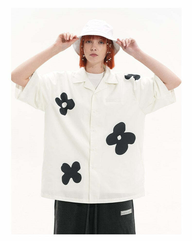 HARSH and CRUEL Solitary Flower Button-Up - Y2K Summer Grunge 90s Retro Fashion Top