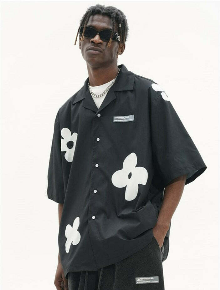 HARSH and CRUEL Solitary Flower Button-Up - Y2K Summer Grunge 90s Retro Fashion Top