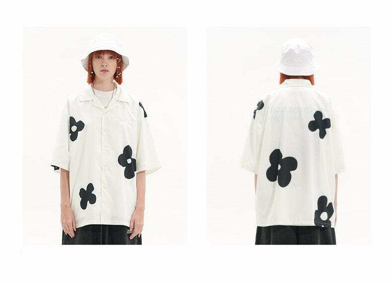 HARSH and CRUEL Solitary Flower Button-Up - Y2K Summer Grunge 90s Retro Fashion Top for Women