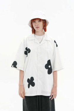 HARSH and CRUEL Solitary Flower Button-Up - Y2K Summer Grunge 90s Retro Fashion Top for Women