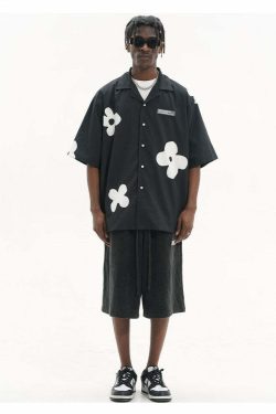 HARSH and CRUEL Solitary Flower Button-Up - Y2K Summer Grunge 90s Retro Fashion Top for Women