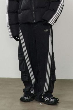 HARSH and CRUEL Vintage Washed Curved-Striped Cargo Pants - Y2K Grunge 90s Retro Fashion