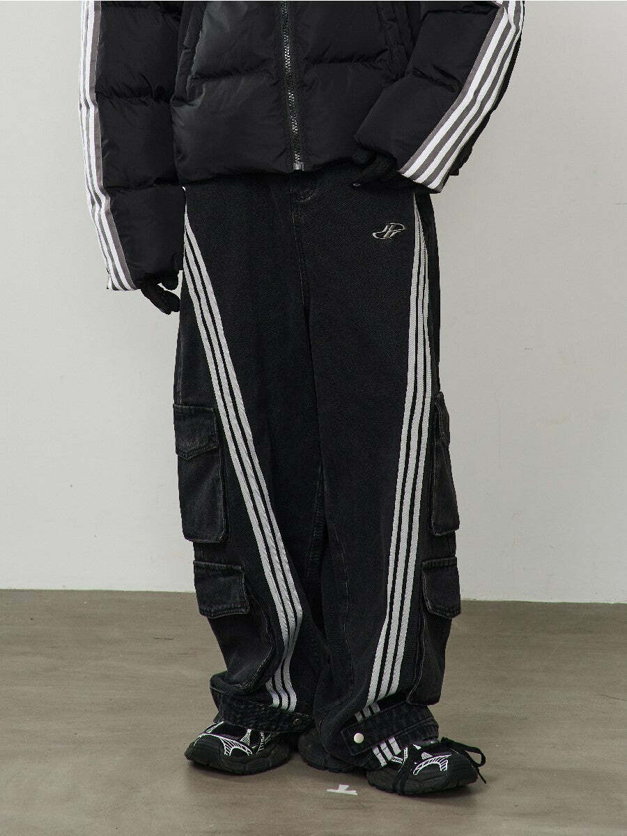 HARSH and CRUEL Vintage Washed Curved-Striped Cargo Pants - Y2K Grunge 90s Retro Summer Outfit