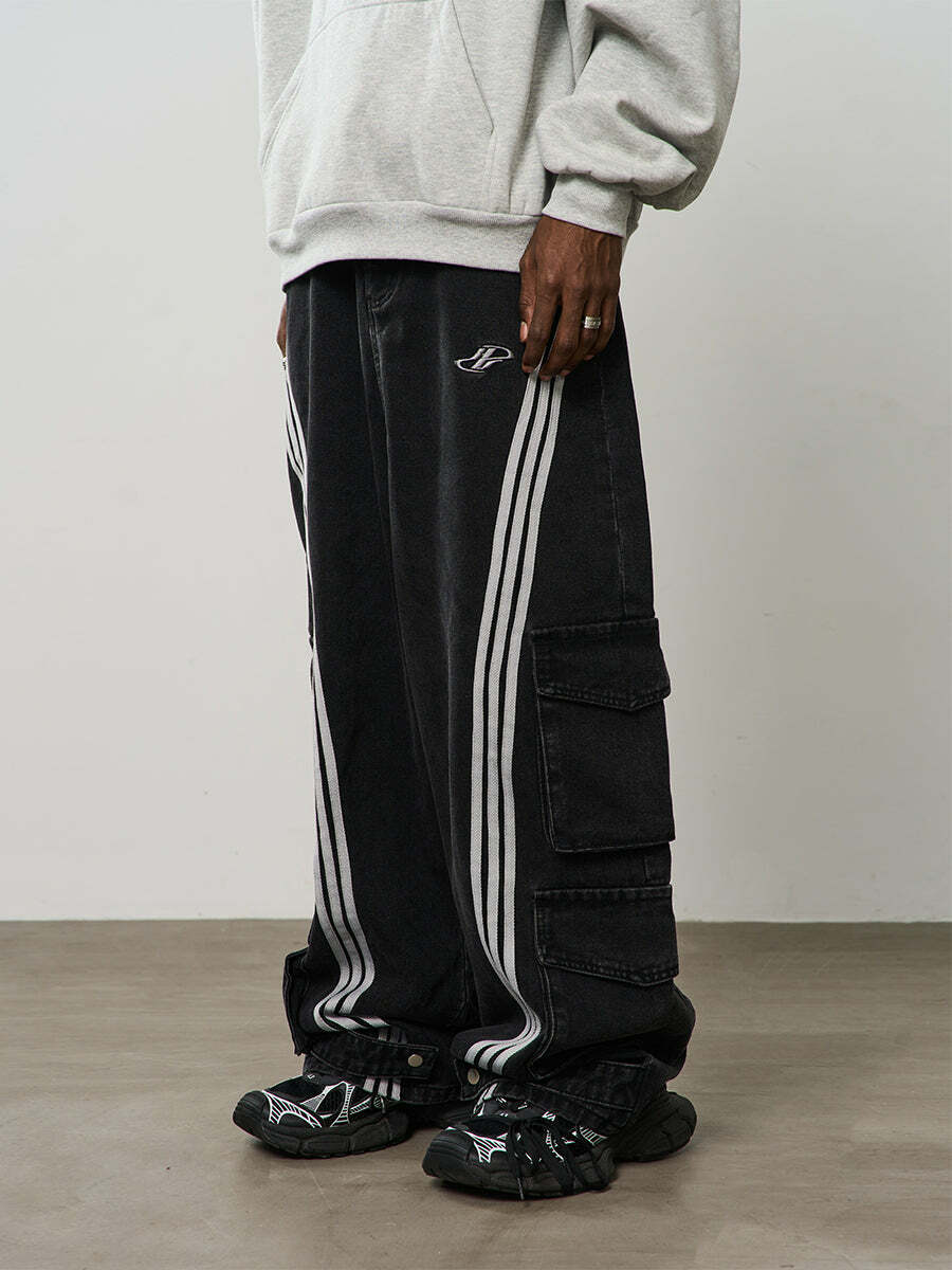 HARSH and CRUEL Vintage Washed Curved-Striped Cargo Pants - Y2K Grunge 90s Retro Summer Outfit