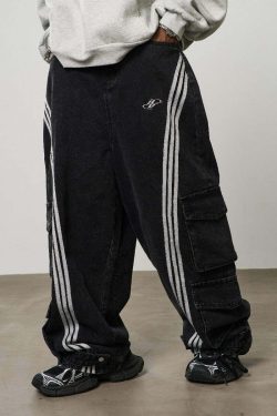 HARSH and CRUEL Vintage Washed Curved-Striped Cargo Pants - Y2K Grunge 90s Retro Summer Outfit