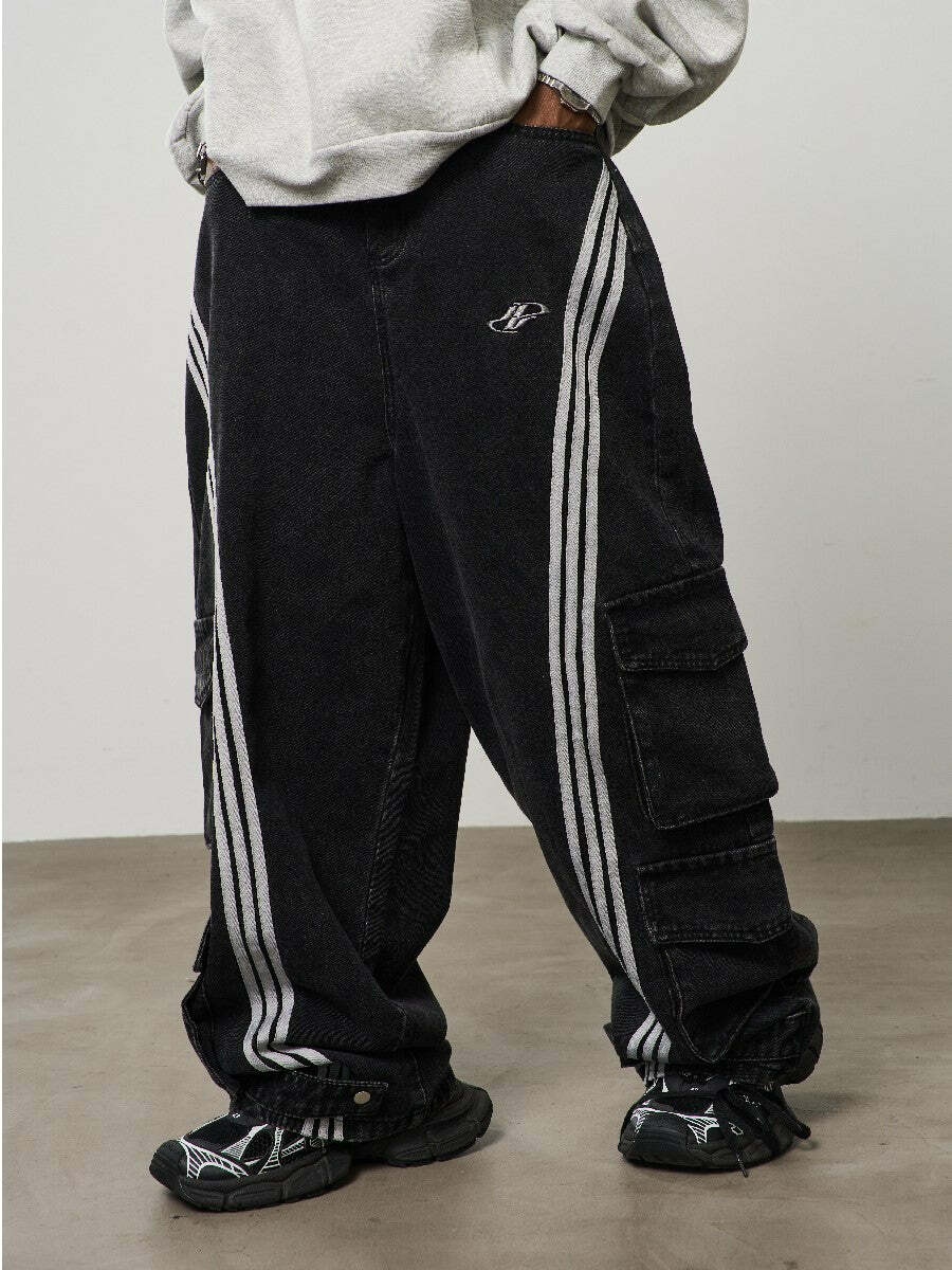 HARSH and CRUEL Vintage Washed Curved-Striped Cargo Pants - Y2K Grunge 90s Retro Summer Outfit