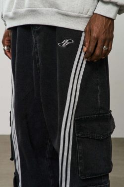 HARSH and CRUEL Vintage Washed Curved-Striped Cargo Pants - Y2K Grunge 90s Retro Summer Outfit