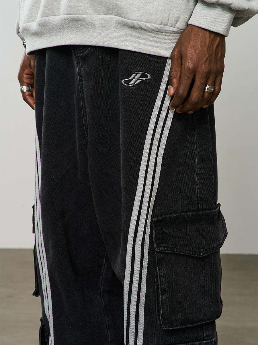 HARSH and CRUEL Vintage Washed Curved-Striped Cargo Pants - Y2K Grunge 90s Retro Summer Outfit