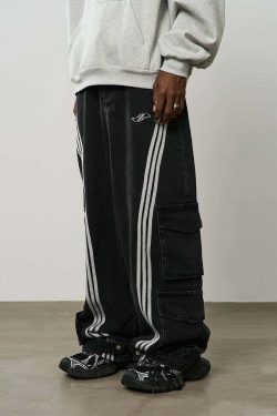 HARSH and CRUEL Vintage Washed Curved-Striped Cargo Pants - Y2K Grunge 90s Retro Summer Outfit