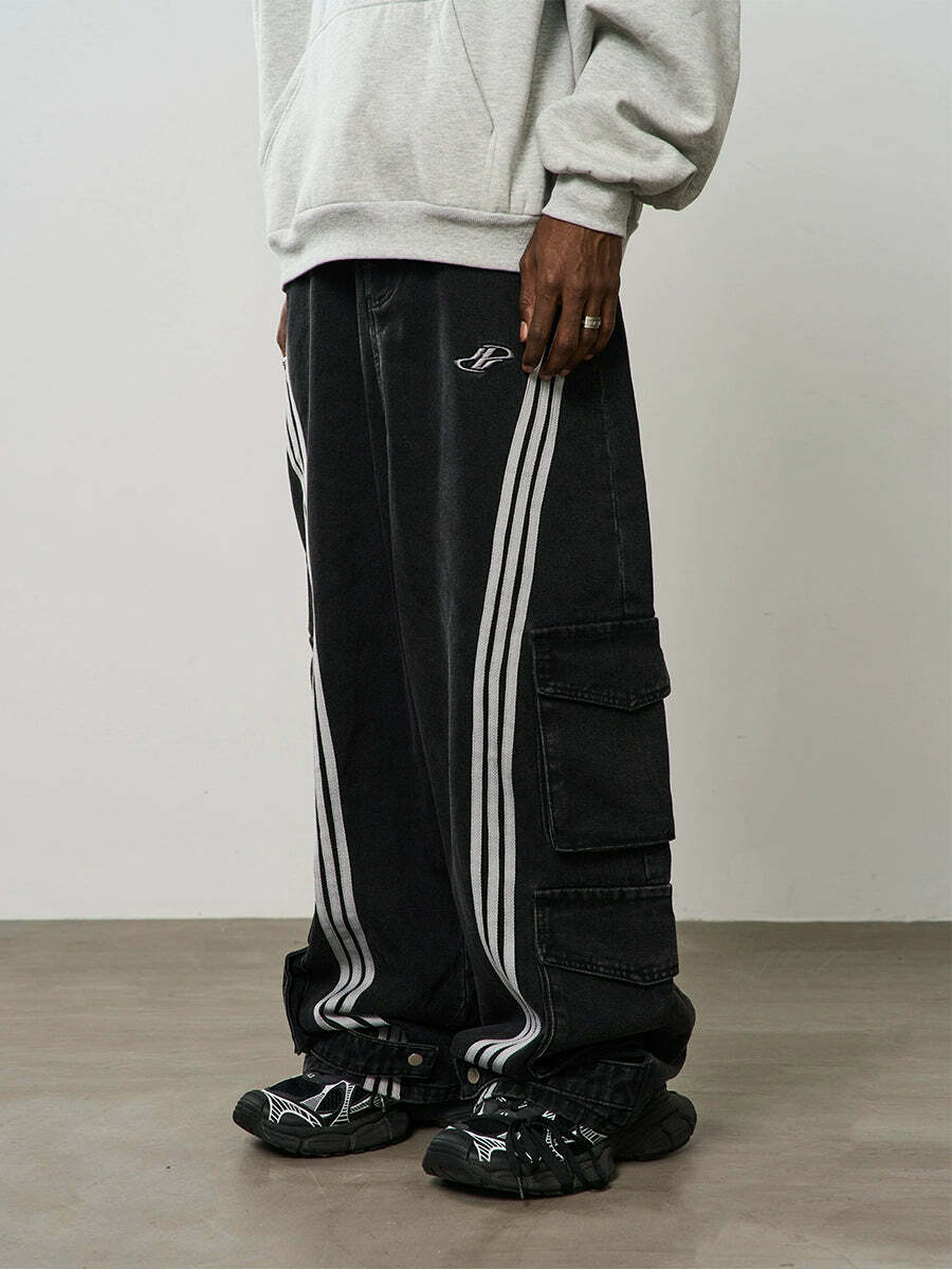 HARSH and CRUEL Vintage Washed Curved-Striped Cargo Pants - Y2K Grunge 90s Retro Summer Outfit