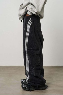 HARSH and CRUEL Vintage Washed Curved-Striped Cargo Pants - Y2K Grunge 90s Retro Summer Outfit