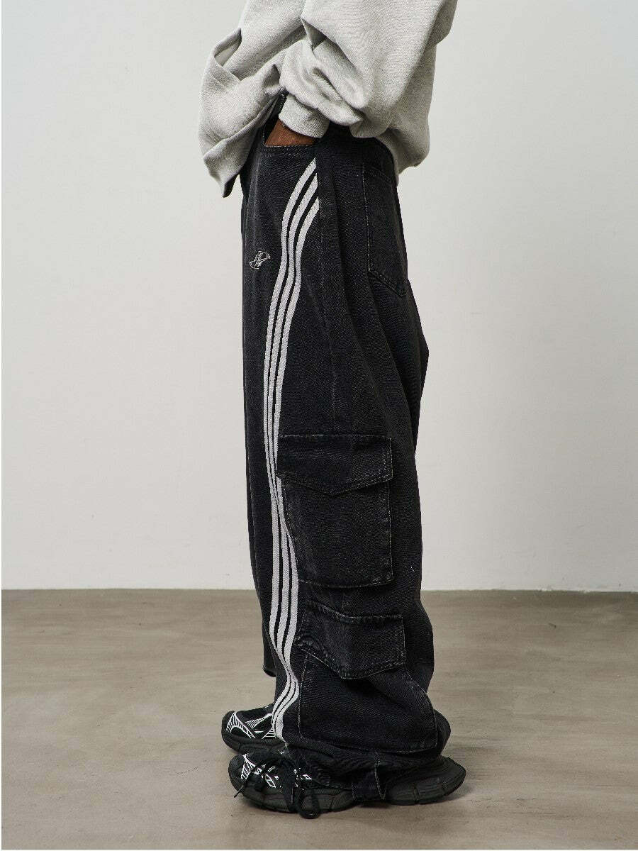 HARSH and CRUEL Vintage Washed Curved-Striped Cargo Pants - Y2K Grunge 90s Retro Summer Outfit