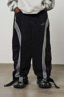 HARSH and CRUEL Vintage Washed Curved-Striped Cargo Pants - Y2K Grunge 90s Retro Summer Outfit