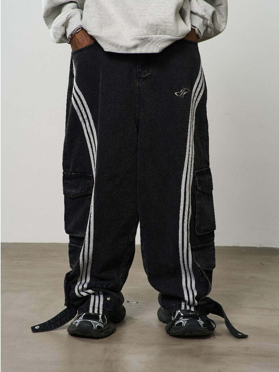 HARSH and CRUEL Vintage Washed Curved-Striped Cargo Pants - Y2K Grunge 90s Retro Summer Outfit