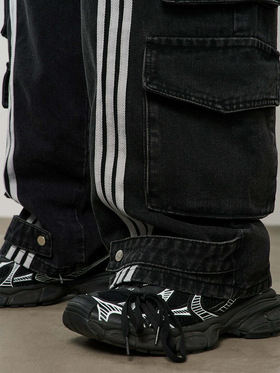 HARSH and CRUEL Vintage Washed Curved-Striped Cargo Pants - Y2K Grunge 90s Retro Summer Outfit
