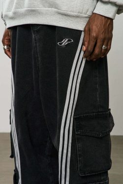 HARSH and CRUEL Vintage Washed Curved-Striped Cargo Pants - Y2K Grunge 90s Retro Summer Outfit
