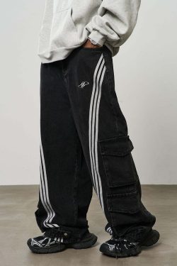 HARSH and CRUEL Vintage Washed Curved-Striped Cargo Pants - Y2K Grunge 90s Retro Summer Outfit