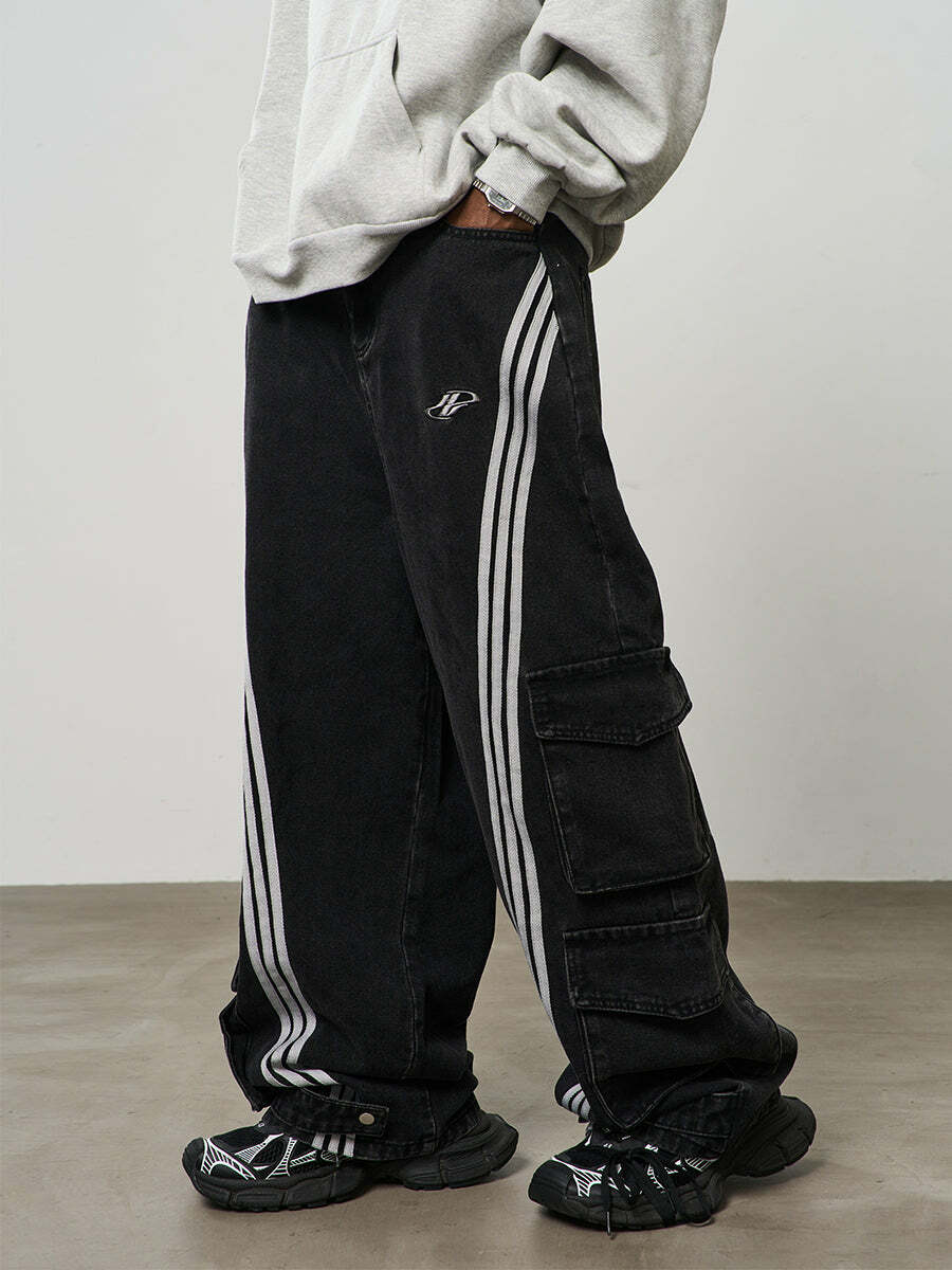 HARSH and CRUEL Vintage Washed Curved-Striped Cargo Pants - Y2K Grunge 90s Retro Summer Outfit