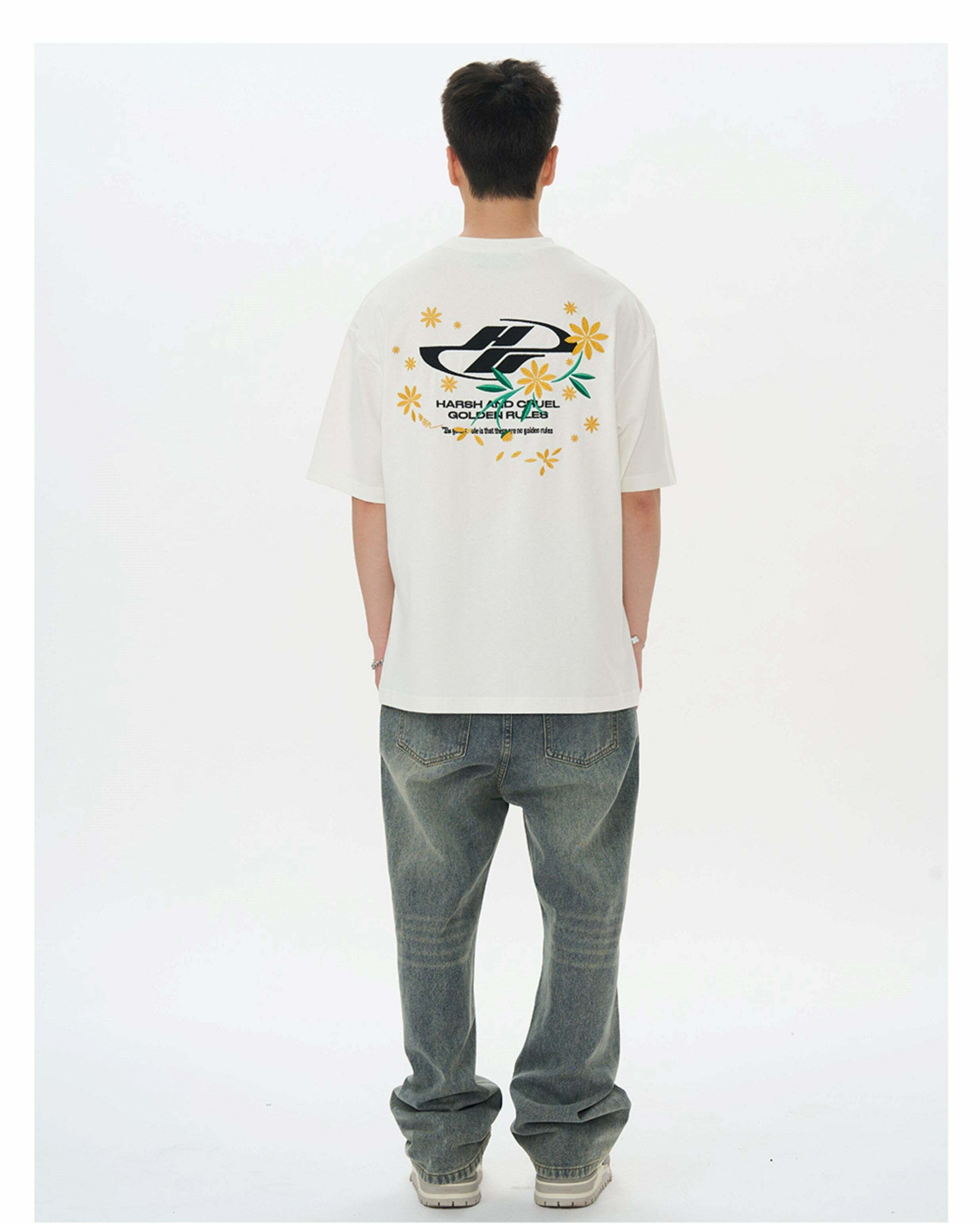 HARSH and CRUEL Y2K Embroidered Daisies Tee - Retro 90s Grunge Summer Outfit for Women