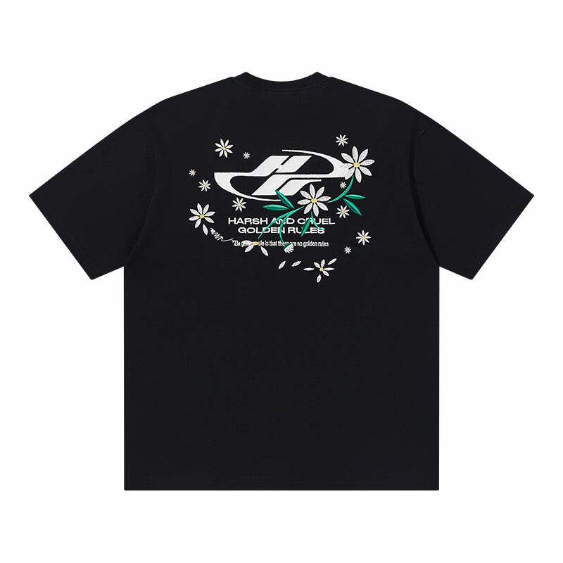 HARSH and CRUEL Y2K Embroidered Daisies Tee - Retro 90s Grunge Summer Outfit for Women