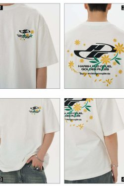 HARSH and CRUEL Y2K Embroidered Daisies Tee - Retro 90s Grunge Summer Outfit for Women