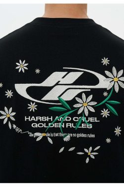 HARSH and CRUEL Y2K Embroidered Daisies Tee - Retro 90s Grunge Summer Outfit for Women
