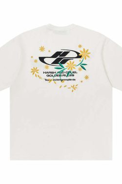 HARSH and CRUEL Y2K Embroidered Daisies Tee - Retro 90s Grunge Summer Outfit for Women