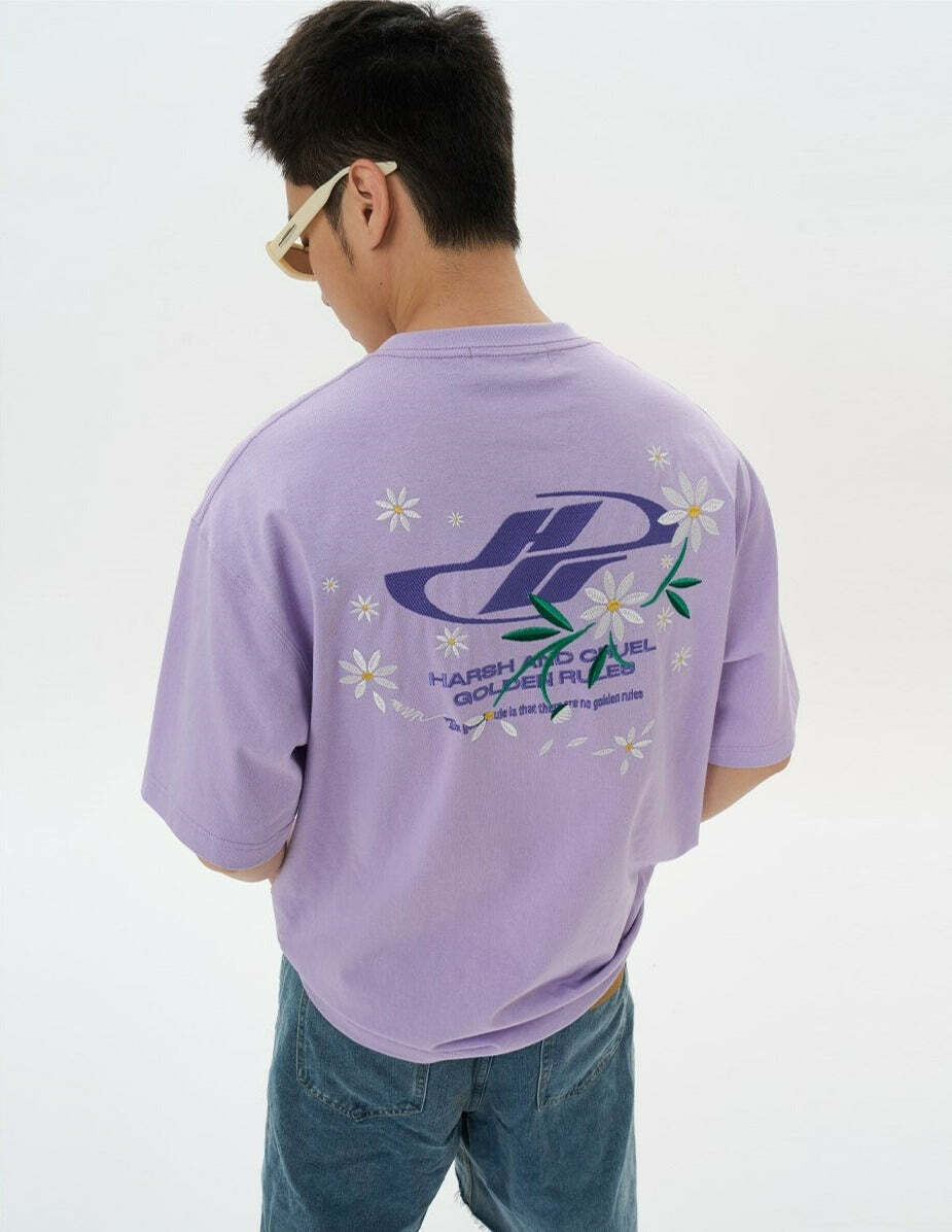 HARSH and CRUEL Y2K Embroidered Daisies Tee - Retro 90s Grunge Summer Outfit for Women