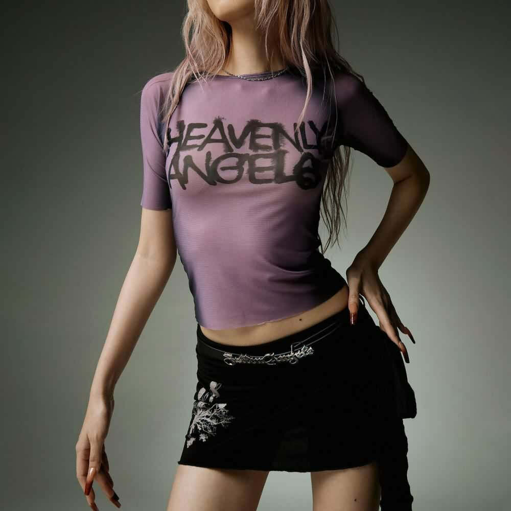 Heavenly Angels Y2K Gothic Grunge Sheer Mesh Top - Perfect for 90s and Y2K Summer Outfits