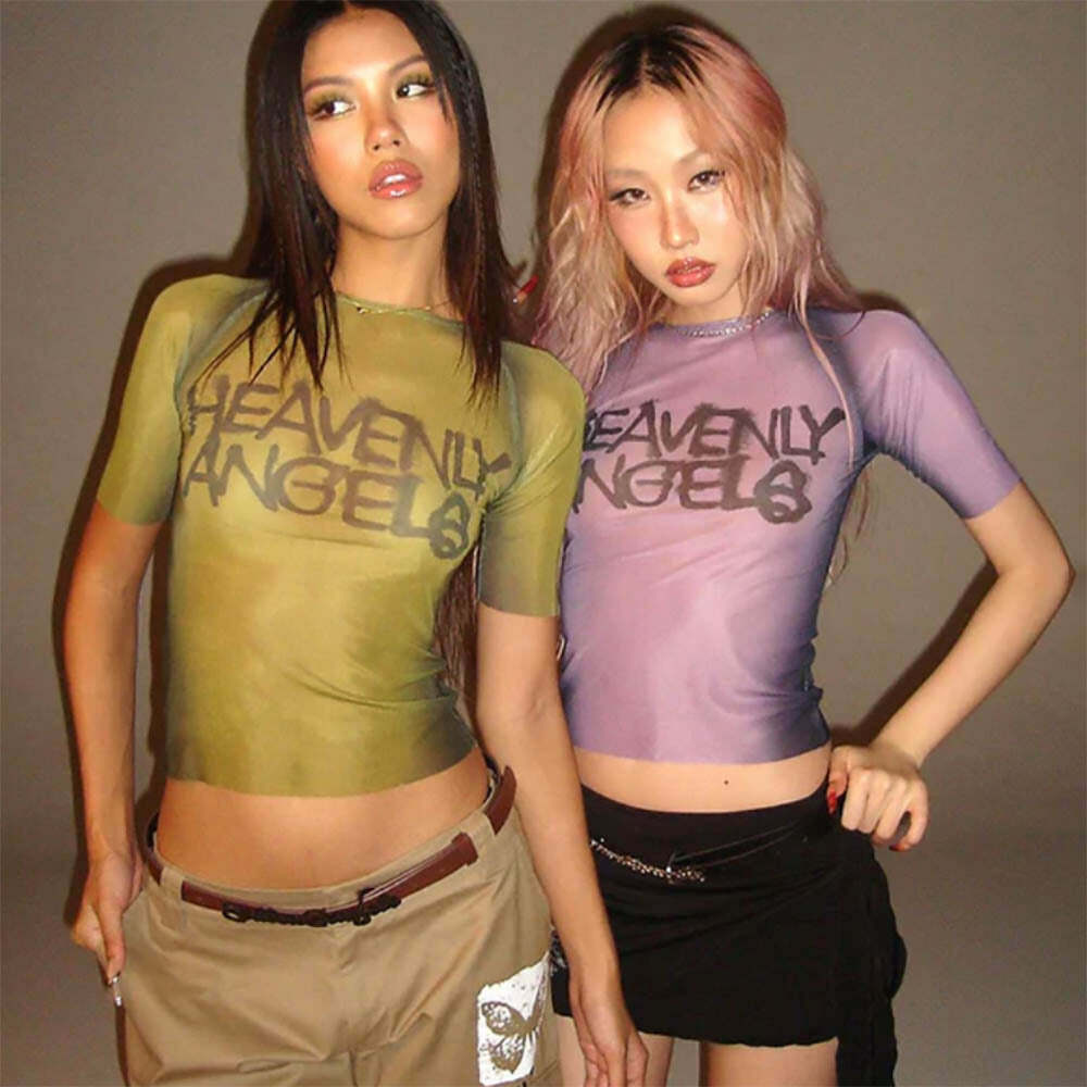 Heavenly Angels Y2K Gothic Grunge Sheer Mesh Top - Perfect for 90s and Y2K Summer Outfits
