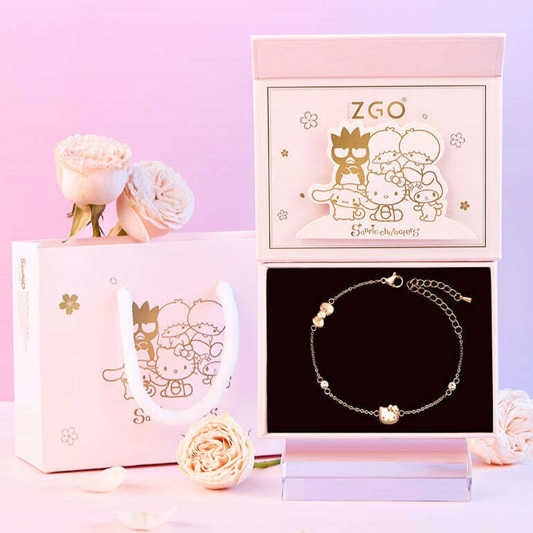 Hello Kitty Rose Gold Titanium Bracelet - Y2K Fashion, 90s Grunge, Retro Style Gift Box