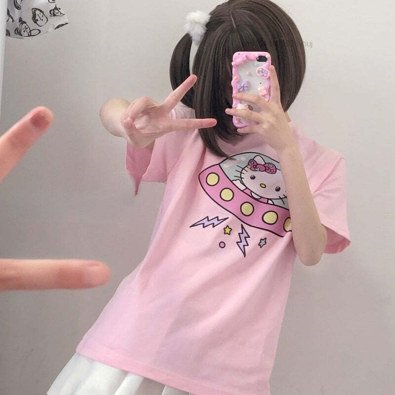 Hello Kitty UFO T-Shirt Pink - Y2K Summer, 90s Fashion, Grunge, Retro, Pastel Goth, Y2K Pop