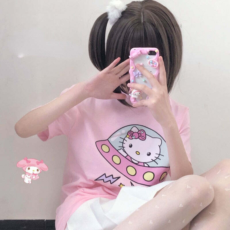 Hello Kitty UFO T-Shirt Pink - Y2K Summer, 90s Fashion, Grunge, Retro, Pastel Goth, Y2K Pop
