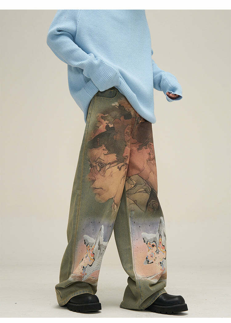 HJK Exclusive Oil Painted Jeans - Y2K Fashion, 90s Grunge, Retro Style, Y2K Summer Outfits