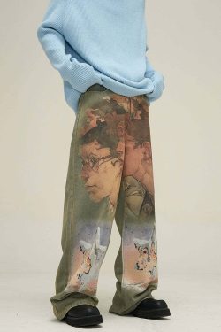 HJK Exclusive Oil Painted Jeans - Y2K Summer, 90s Grunge, Retro Hip Hop, Pastel Goth Fashion