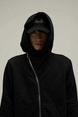 HJK Exclusive Y2K Asymmetrical Zip Hooded Jacket - 90s Grunge, Retro, and Pastel Goth Fashion
