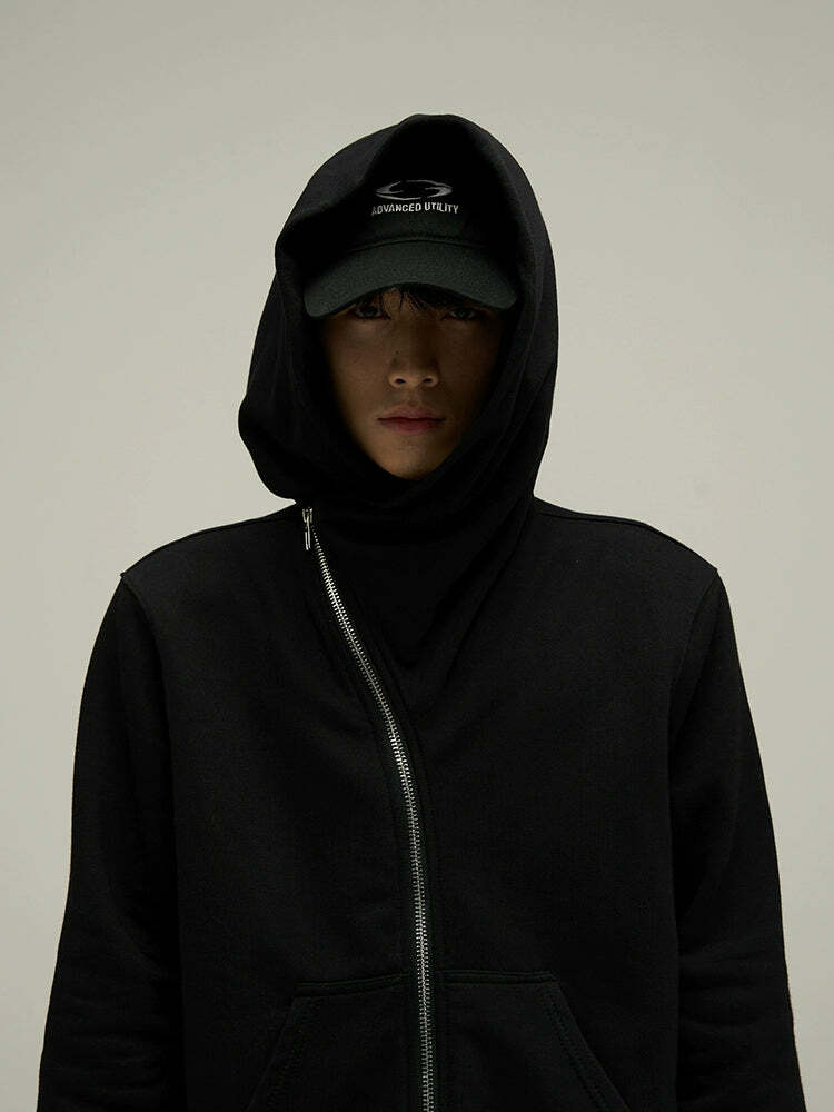 HJK Exclusive Y2K Asymmetrical Zip Hooded Jacket - 90s Grunge, Retro, and Pastel Goth Fashion