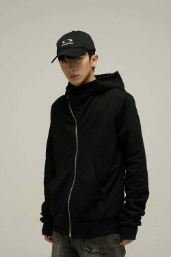 HJK Exclusive Y2K Asymmetrical Zip Hooded Jacket - 90s Grunge, Retro, and Pastel Goth Fashion