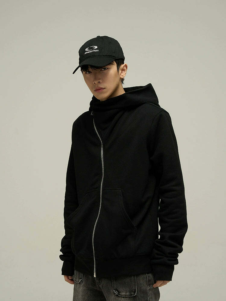 HJK Exclusive Y2K Asymmetrical Zip Hooded Jacket - 90s Grunge, Retro, and Pastel Goth Fashion