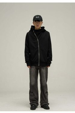 HJK Exclusive Y2K Asymmetrical Zip Hooded Jacket - 90s Grunge, Retro, and Pastel Goth Fashion